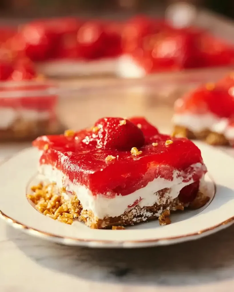 Strawberry Pretzel Salad layered dessert with strawberries, creamy filling, and crunchy pretzel crust