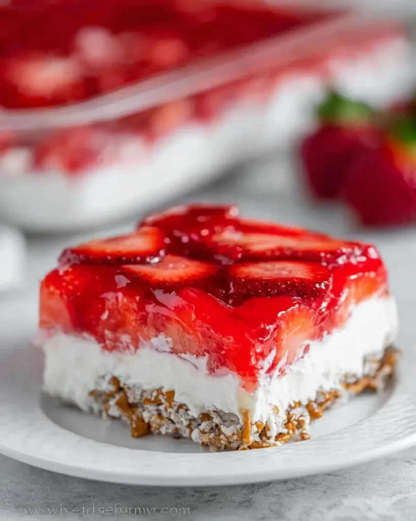 Strawberry Pretzel Salad dessert square with fresh strawberries, creamy filling, and crunchy pretzel crust