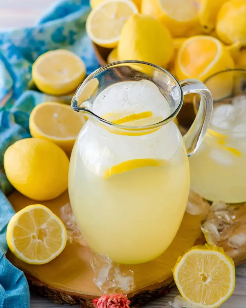 Refreshing Summer Classic Homemade Lemonade Recipe served in a glass pitcher with fresh lemons and ice
