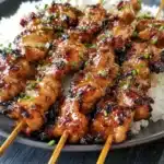 Teriyaki Chicken Skewers glazed with sauce and served over white rice