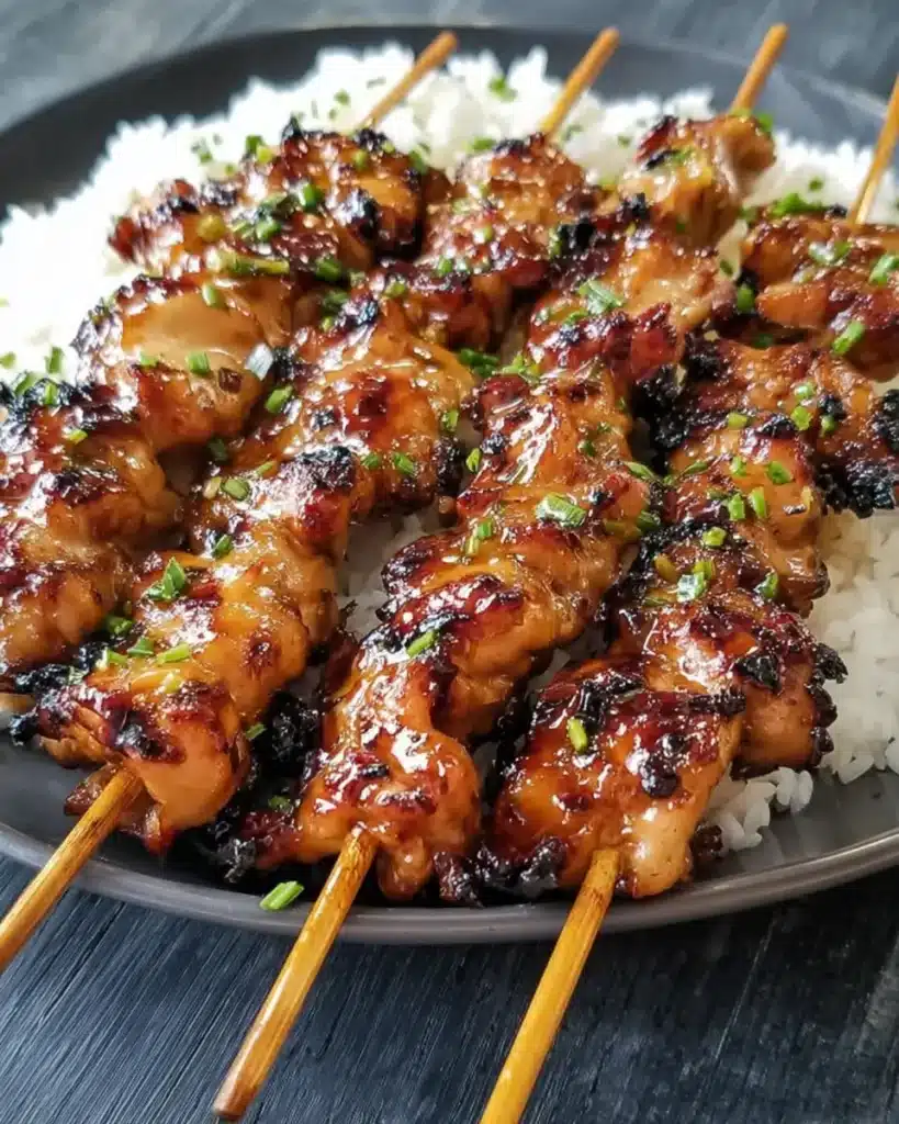 Teriyaki Chicken Skewers glazed with sauce and served over white rice