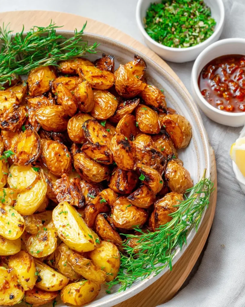 Vegan Side Dish roasted baby potatoes with herbs and dipping sauces