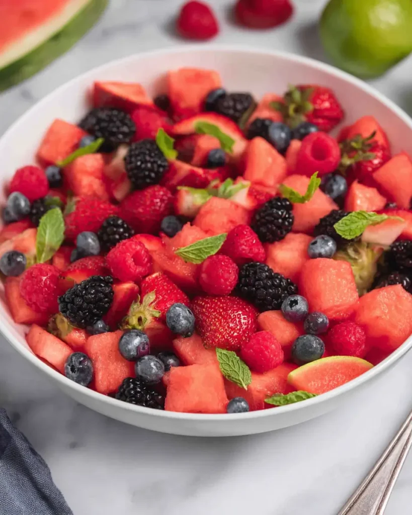 Watermelon Fruit Salad with strawberries, blueberries, blackberries, raspberries, and mint