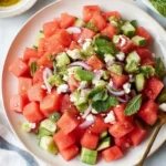 Watermelon Mint Salad with cucumber, feta cheese, red onion, and fresh mint
