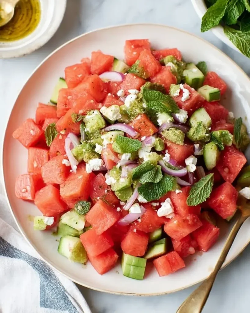 Watermelon Mint Salad with cucumber, feta cheese, red onion, and fresh mint