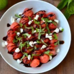 Watermelon Salad with Balsamic Syrup, feta cheese, and fresh mint