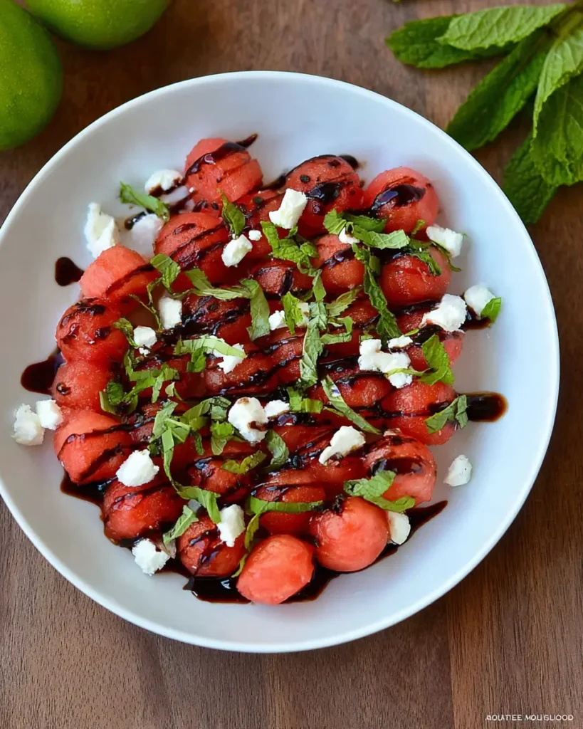 Watermelon Salad with Balsamic Syrup, feta cheese, and fresh mint