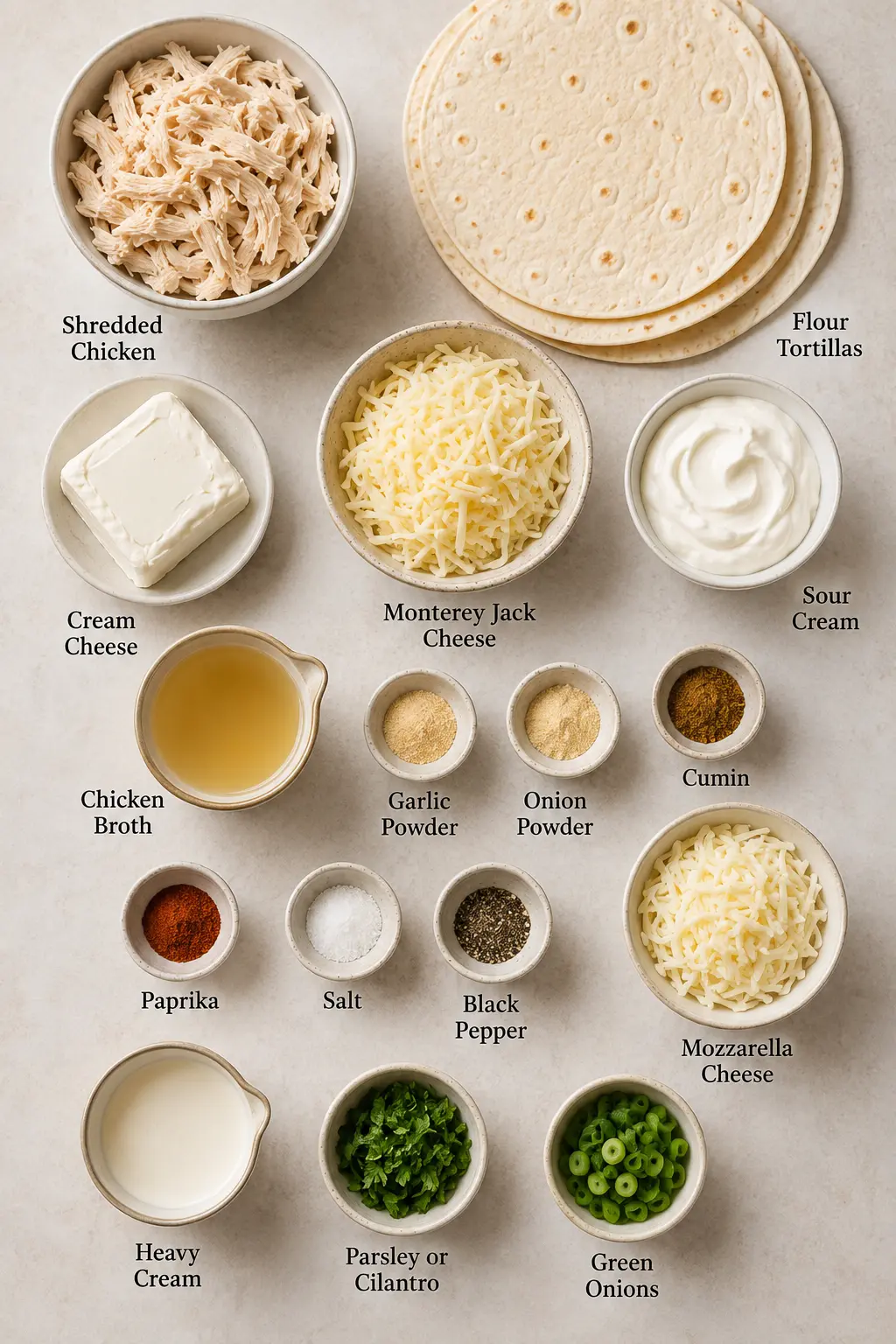 Creamy Chicken Enchiladas ingredients including shredded chicken, flour tortillas, cream cheese, Monterey Jack, sour cream, chicken broth, spices and mozzarella