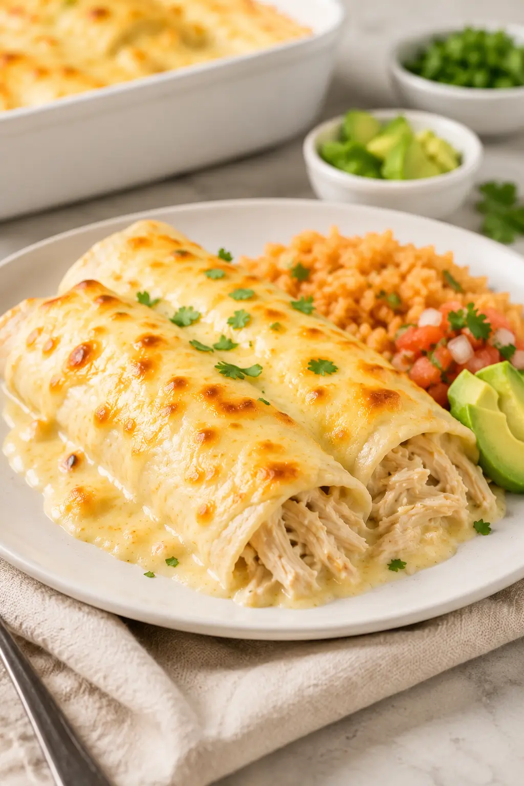 Creamy Chicken Enchiladas served with rice, avocado and fresh salsa