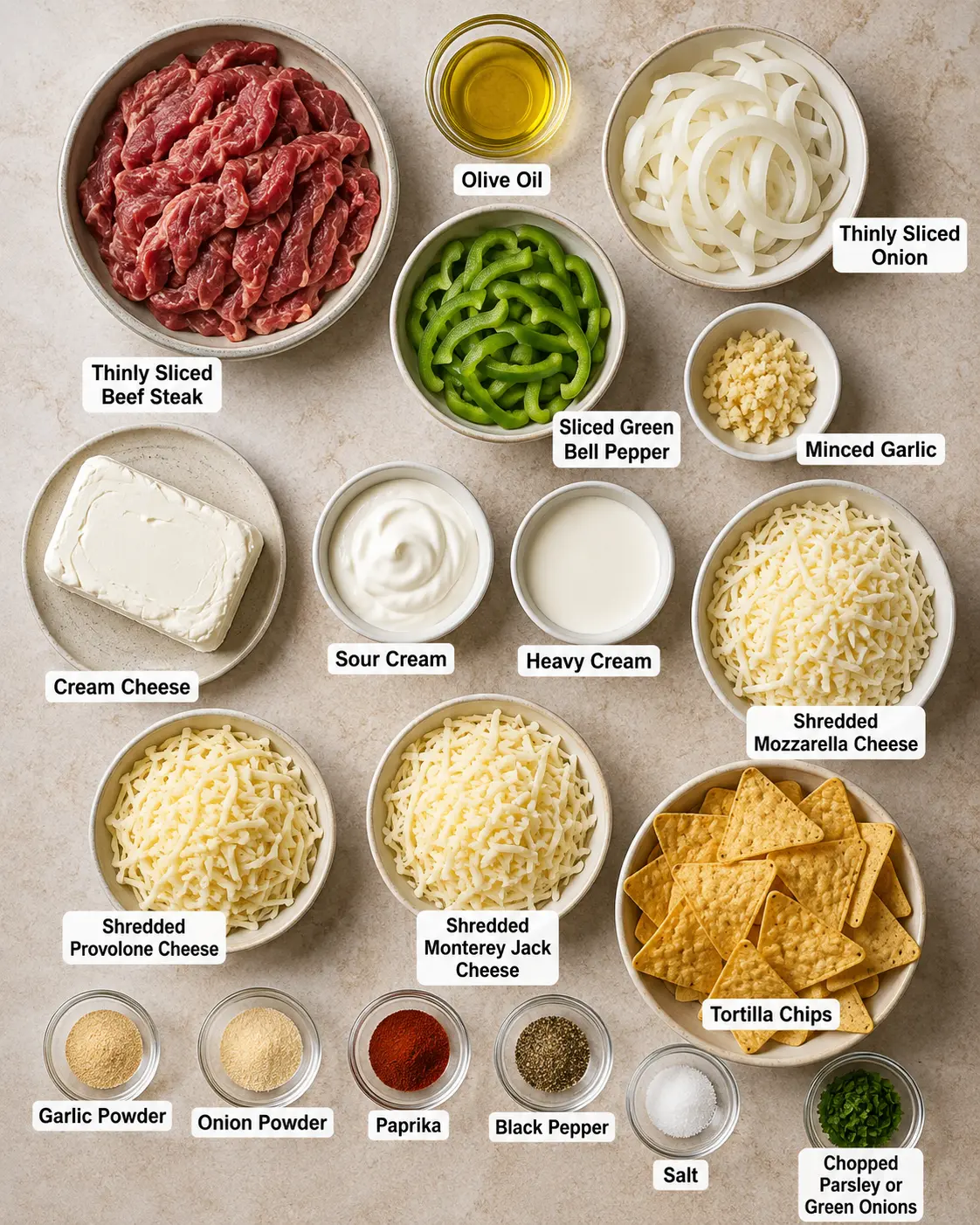 philly-cheesesteak-queso-dip-ingredients.Webp Ingredients for Philly Cheesesteak Queso Dip including sliced beef, onion, green bell pepper, cream cheese, sour cream, heavy cream, shredded cheeses, seasonings, and tortilla chips.