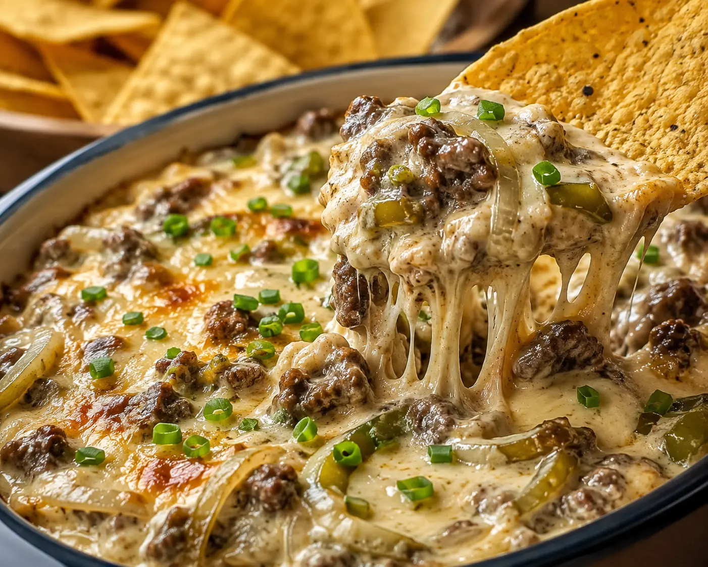 philly-cheesesteak-queso-dip-serving.Webp Close-up of Philly Cheesesteak Queso Dip with melted cheese, beef, onions, green peppers, and a tortilla chip lifting a cheesy scoop.