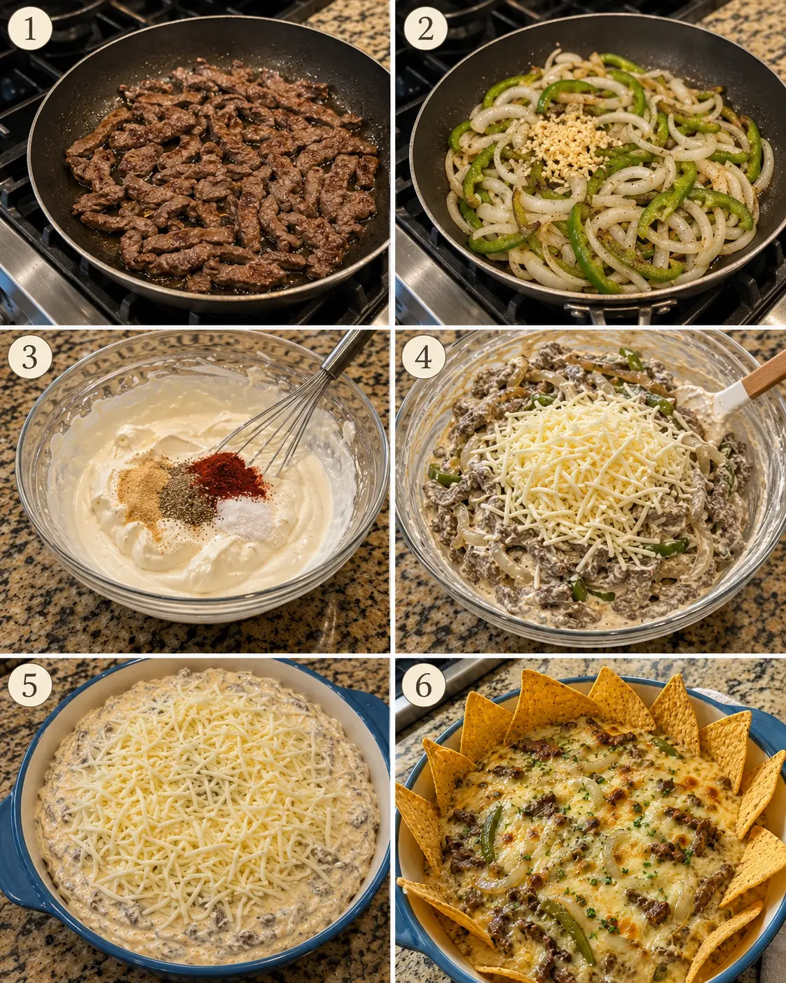 philly-cheesesteak-queso-dip-step-by-step.Webp Step-by-step photos showing how to make Philly Cheesesteak Queso Dip with browned beef, sautéed onions and green peppers, creamy cheese mixture, and baked dip.