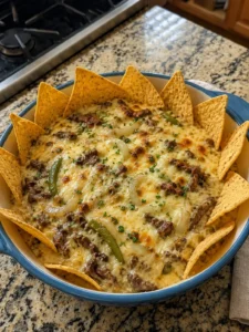 Philly Cheesesteak Queso Dip with beef, onions, green bell peppers, melted cheese, and tortilla chips.