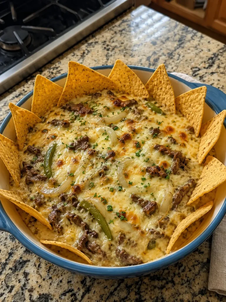 Philly Cheesesteak Queso Dip with beef, onions, green bell peppers, melted cheese, and tortilla chips.