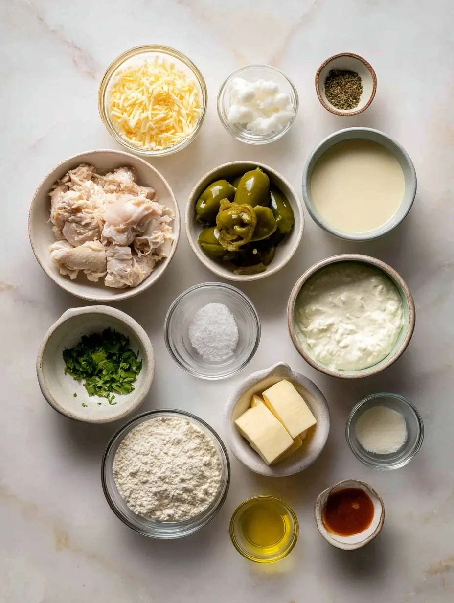 Ingredients for creamy chicken enchiladas laid out on a counter