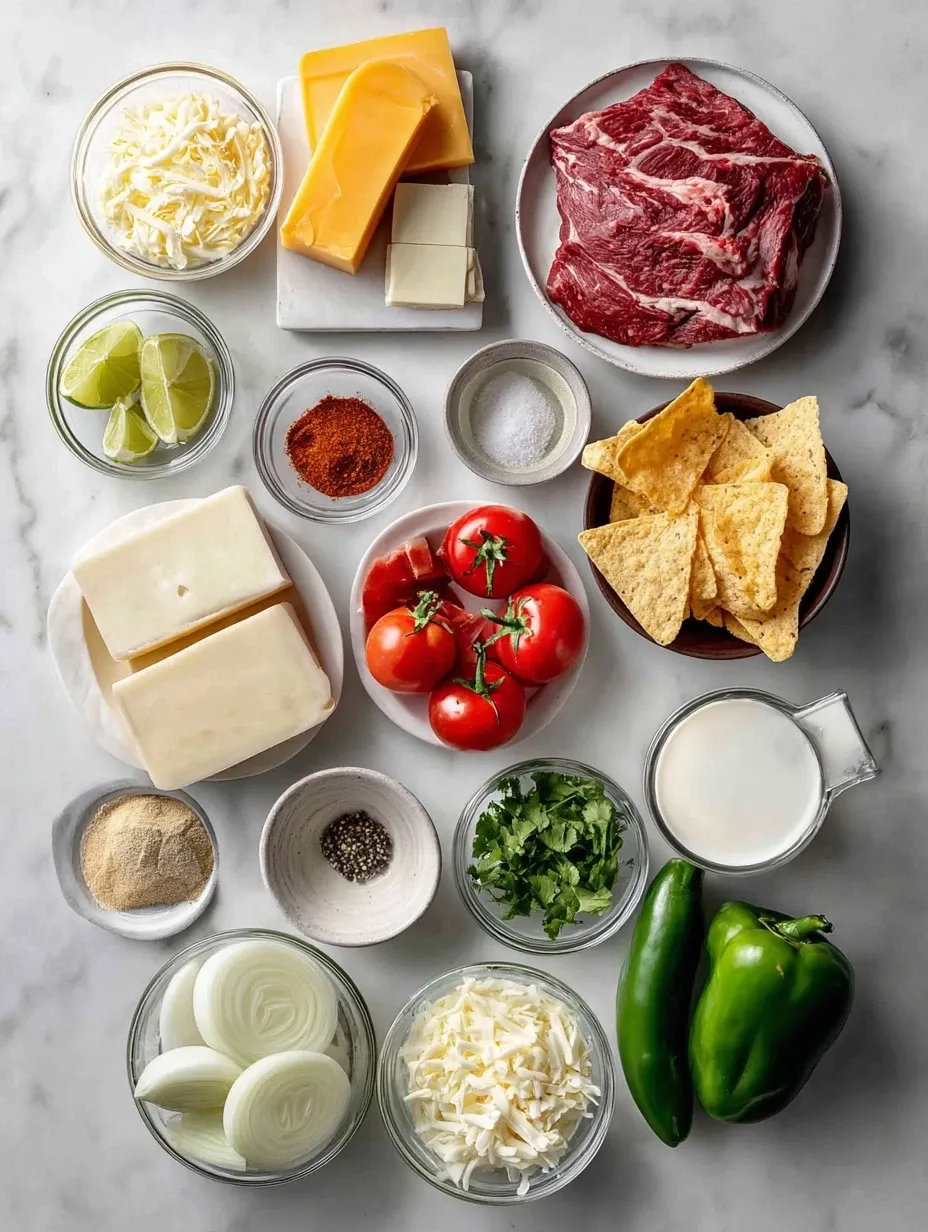 Ingredients laid out for philly cheesesteak queso dip with steak, cheese, and vegetables.