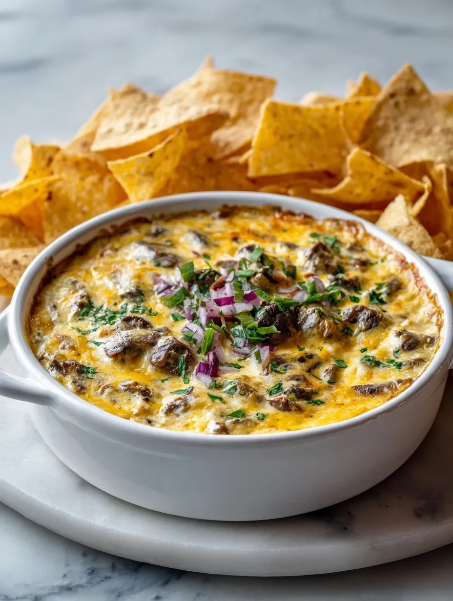 Philly cheesesteak queso dip served with tortilla chips and fresh pico de gallo.