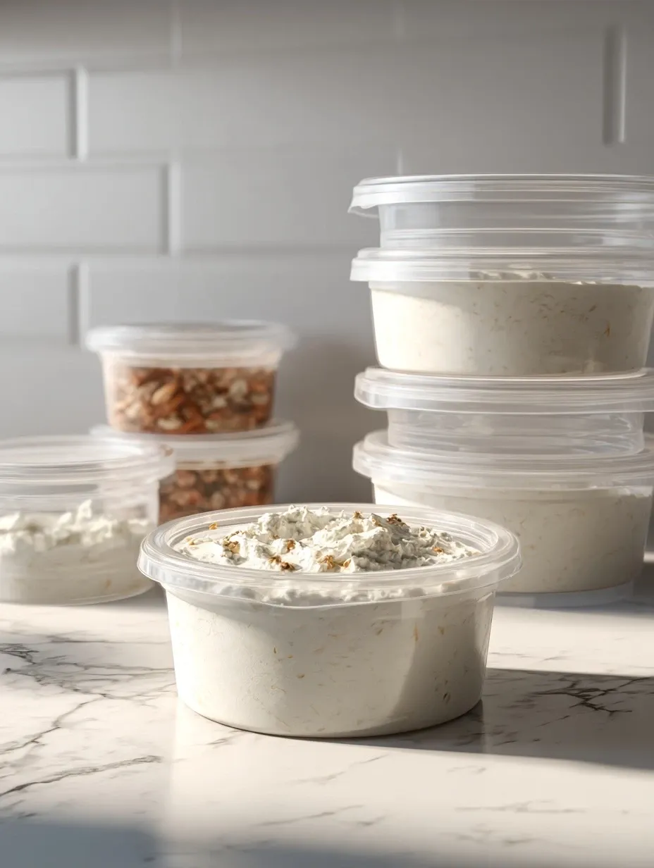 Storing leftover philly cheesesteak queso dip in an airtight container in the refrigerator.