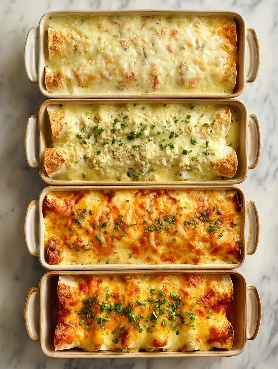 Variations of creamy chicken enchiladas with different fillings