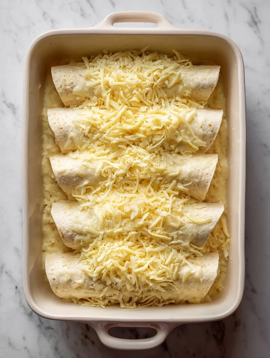 Assembling enchiladas for the white chicken enchiladas (step 5)
